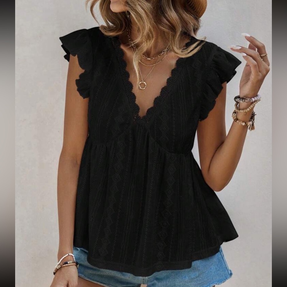 Boho Black v neck ruffle babydoll blouse - Picture 8 of 10